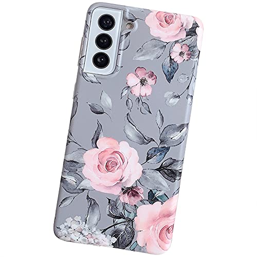 YeLoveHaw Phone Case Designed for Samsung Galaxy S21 5G for Women Girls, Soft Slim Full-around Protective Cute Cover, Floral Purple Gray Leaves Pattern, Compatible with SamsungS21 6.2” (Pink Flowers)