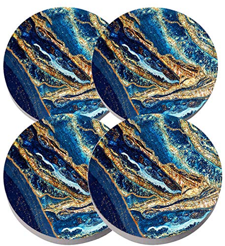 Blue Marble Pattern Coasters – Marble Coasters with Gold Round Drinks Absorbent Stone Coaster 4 Sets with Ceramic Stone Cup Mat