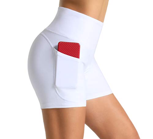 Wjustforu Women’s 5″ High Waist Biker Shorts Tummy Control Compression Yoga Short Tight Shorts for Workout Running (White, Medium)