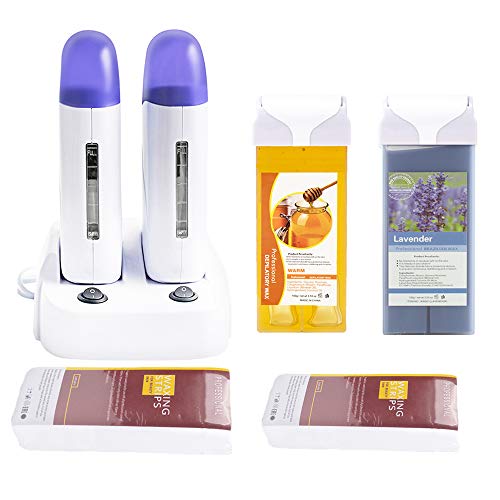 Double Depilatory Roll on Wax Heater Roller Warmer Cartridge Strips Hair Removal Kit with ON/OFF Switch (Honey & Lavender Wax & 200 Paper) (Honey & Lavender Wax Refill)
