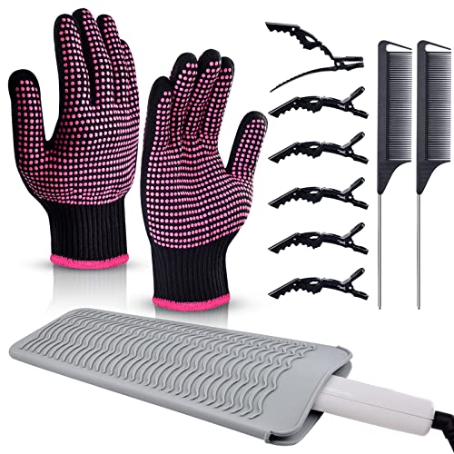 MORGLES Heat Gloves for Hair Styling, 2Pcs Professional Heat Resistant Gloves Silicone Heat Mat 6pcs Hair Clips and 2pcs Styling Comb for for Curling Iron Wands Flat Iron