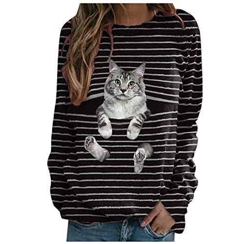 Womens Long Sleeve Tshirts Black Cat Striped Shutters 3D Print Casual Crewneck Teen Girls Junior Tops