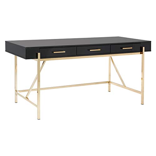 OSP Home Furnishings Broadway Modern Executive Desk with 3 Drawers and Charging Station, Black Gloss Finish with Gold Frame