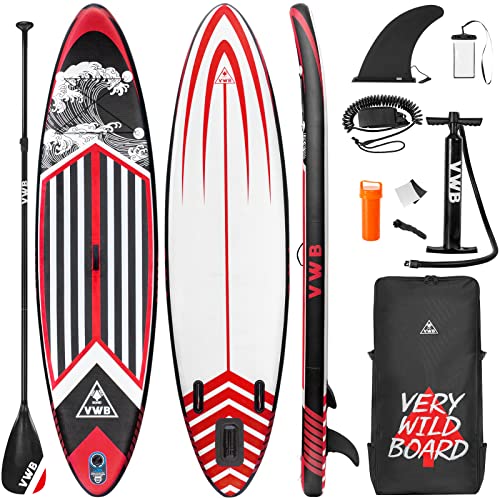 VWB Inflatable Stand Up Paddle Board(10’6×33″×6″) Non-Slip Material Stylish Waterproof Backpack Professional Paddle Board Manual Air Pump Leash Caudal fin for Everyone