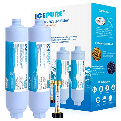 ICEPURE RV Water Filter for Garden, RV, Pool, Camper, Marine, Boat Hose for Drinking, Car Washing, Gardening, Planting, Spa, Reduces Chlorine, Bad Taste, Odors, with 1 Flexible Hose Protector, 2PACK