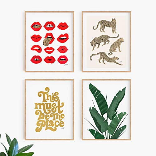 Wall Art Set of 4 | Leopard | Plant | This Must Be the Place | Lips | Wall Art | Poster | Art Print | Living Room | Dorm Room Decor | Poster | Art Print | Aesthetic | Vintage | Collage | Made in USA | Gallery Grade | Unframed (8×10)