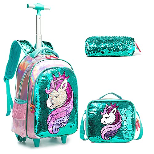 Egchescebo School Kids Rolling Backpack for Girls and Boys With Wheels Trolley Wheeled Backpacks for Girls and Boys Travel Bags 3PCS Girls Backpack With Lunch Box Green
