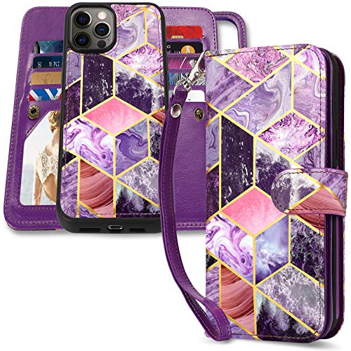 CASEOWL Case Compatible with iPhone 12 Pro Max Wallet Case Magnetic Detachable with 9 Card Slots Holder, Hand Strap, 2 in 1 Folio Flip Premium PU Leather Lanyard Wallet Case 6.7 inch (Marble Purple)