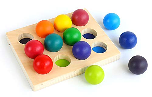 moderngenic [Upgraded to 2″] Rainbow Wooden Balls with Tray, 12 Piece Sorting and Matching Educational Learning Montessori Toy for Toddlers, Bigger Balls for Safety