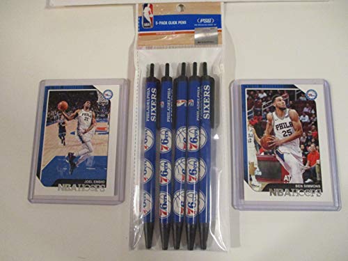 PHILADELPHIA 76ERS 5 PACK BLACK CLICK PENS (NEW) PLUS 1 COLLECTIBLE STAR PLAYER CARD (JOEL EMBIID OR BEN SIMMONS)