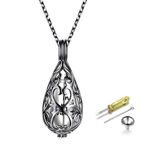 S925 Sterling Silver Always in My Heart Teardrop Memorial Pendant Necklace with Hollow Black Golden Plated Urn Keepsake Cremation Jewelry for Ashes