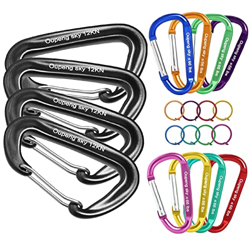 12PCS Carabiner Clips Set – 4pcs 12KN Heavy Duty Caribeaners 8pcs 66lbs Lightweight Caribeener Clips,D Ring Key Clip for Hammocks Camping Accessories Hiking Gym Keychain Locking Dog Leash and Harness