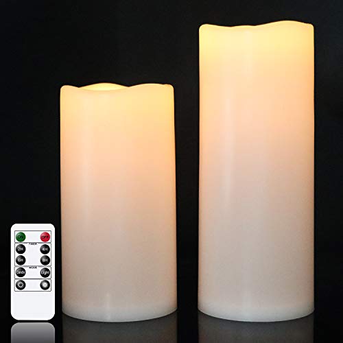Eldnacele Waterproof Flameless Flickering Candles with Remote Control and Timer Battery Operated White LED Candles Indoor Outdoor Pillar Candles Pack of 2 for Party Wedding Festival , D4”x H8” 10”