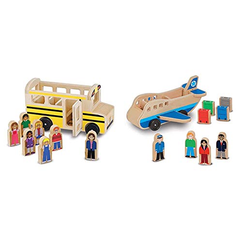 Melissa & Doug School Bus Wooden Play Set with 7 Play Figures and Wooden Airplane Play Set with 4 Play Figures and 4 Suitcases