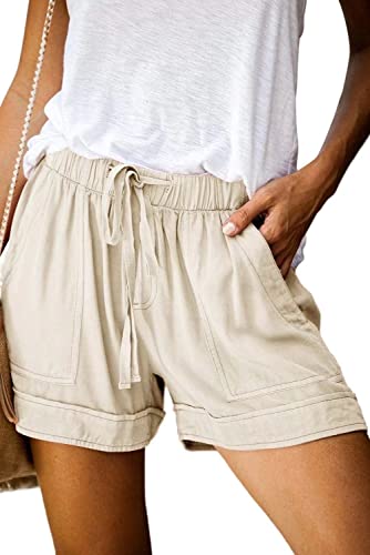 FEKOAFE Womens Casual Solid Drawstring Comfy Cotton Elastic Waist Pocketed Shorts Beige XL