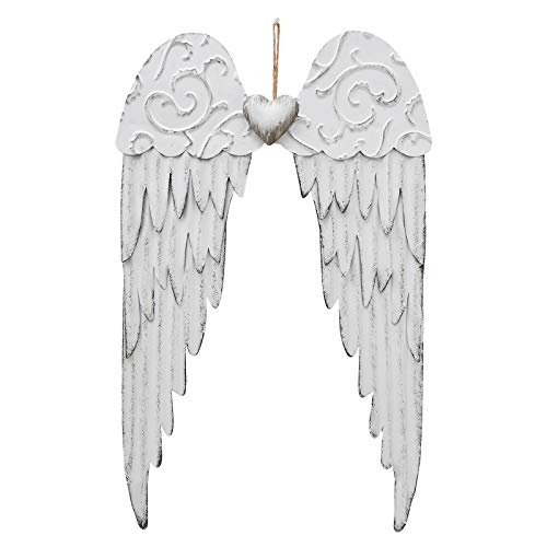 E-view Metal Angel Wings Plaques with Heart – Decorative Angel Wing Sculptures Hanging Wall Art Antique Decor for Home Bedroom (1 Piece)