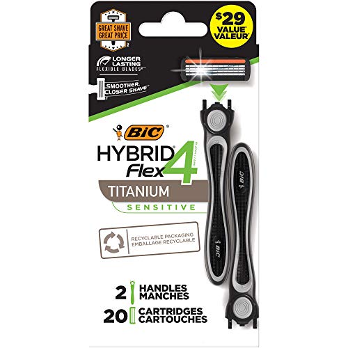 BIC Flex 4 Hybrid Men’s 4-Blade Disposable Razor, 2 Handles and 20 Cartridges, Smooth and Close Shave