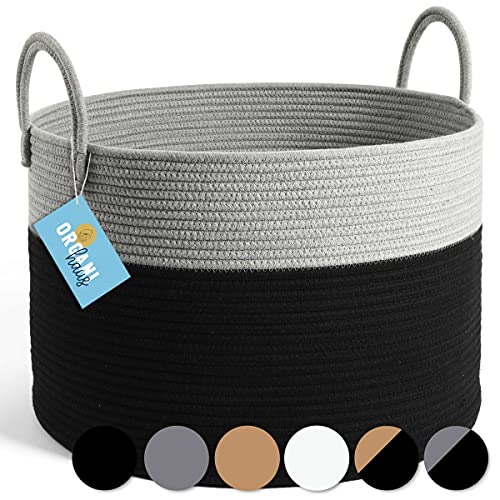 OrganiHaus Gray & White Throw Blanket Basket for Living Room | Large Woven Baskets for Storage | Cotton Rope Baskets with Handles | Big Nursery Laundry Basket | Blanket Bin & Pillow Basket – 20×13