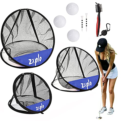 ZXPLO Portable Golf Chipping Net Target Hitting Training Equipment with Golf Ball Tees & Club Cleaner for Backyard (Blue)