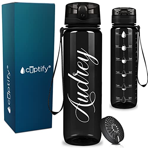 Cuptify Personalized Water Bottle Black Gloss 32 oz Motivational Fitness Sports with Time Marker Wide Mouth Leakproof Tritan BPA Free Drink Water Daily for Fitness