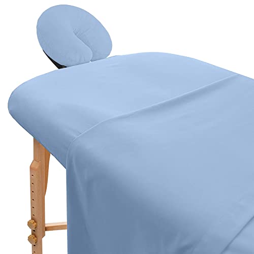 AVALON CARE Massage Table Sheets Sets 3 Pcs 100% Cotton Flannel Massage Sheet Sets – Includes Massage Table Cover Fitted Sheet, Flat Sheet & Face Cover Soft & Smooth Massage Bed Cover – Blue