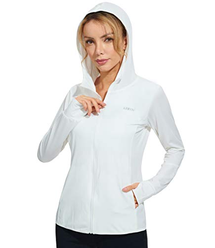Libin Women’s Full Zip UPF 50+ Sun Protection Hoodie Jacket Long Sleeve Sun Shirt Hiking Outdoor Performance with Pockets White L
