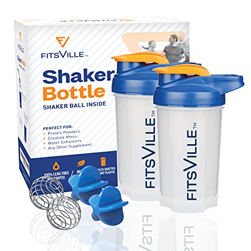 FITSVILLE [2 Pack] Sports Shaker Bottle – Protein Powder, Creatine Mix, Water Enhancer, Supplements | 100% Leak Free, BPA Free, Stain & Odor Resistant | x4 Shaker Balls – x2Orange 16oz (500ml)