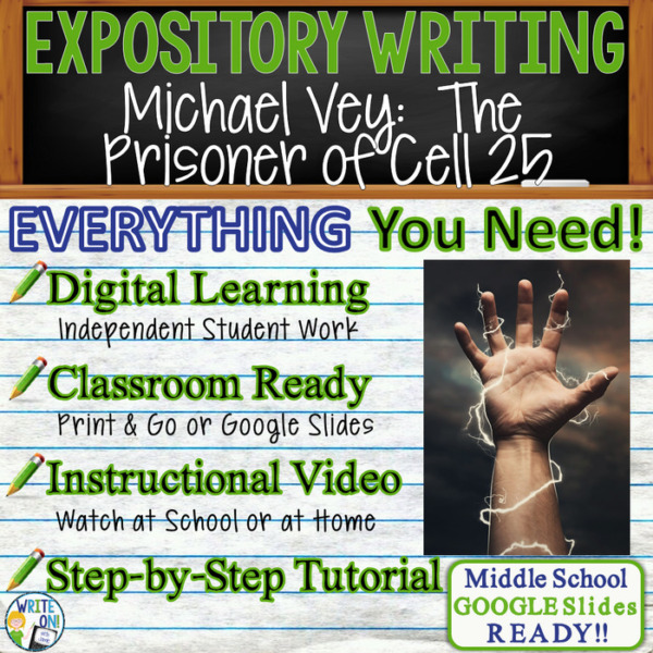 Text Analysis Expository Michael Vey: The Prisoner of Cell 25 | Distance Learning, Remote Learning, In Class, Instructional Video, PPT, Worksheets, Rubric, Graphic Organizer, Google Slides