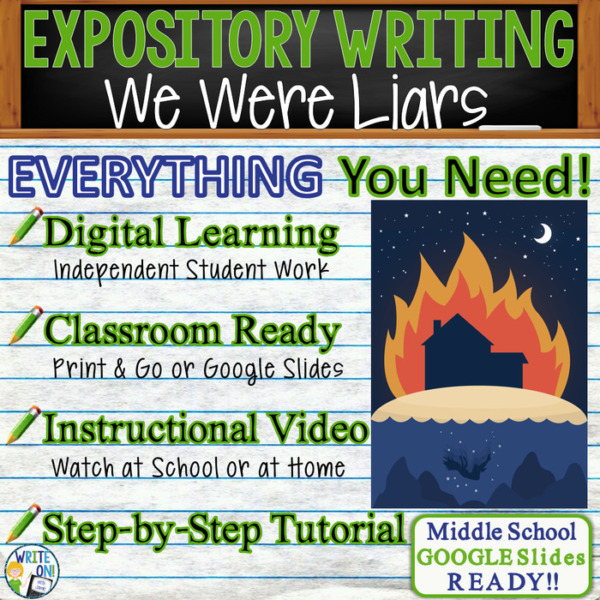 Text Analysis Expository We Were Liars by E. Lockhart | Distance Learning, Remote Learning, In Class, Instructional Video, PPT, Worksheets, Rubric, Graphic Organizer, Google Slides