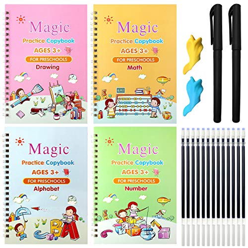 4 PCS Magic Practice Copybook for Kids, Handwriting English Reusable Magical Ink Practice Copy Books for Kids Preschools Tracing Book Letter Writing Book