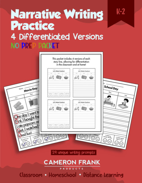 Narrative Writing Prompts | First, Then, Last Prompts | 1st & 2nd Grade Level | 4 Levels of Differentiation for Support | No Prep Packet