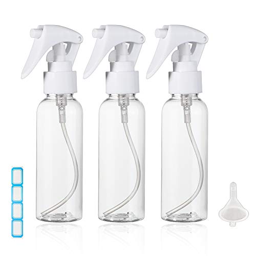 Travel Size Spray Bottle, 3.4oz/100ml Plastic Fine Mist Spray Bottle Set, Refillable Liquid Containers, 3pcs Clear Trigger Sprayer with Funnel and Labels for Styling Kitchen Home Office Cleaning