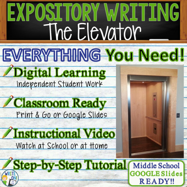 Text Analysis Expository Writing Essay for The Elevator by William Sleator | Distance Learning, Remote Learning, In Class, Instructional Video, PPT, Worksheets, Rubric Graphic Organizer, Google Slides