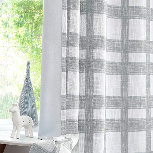 Central Park White Grey Plaid Blackout Window Curtain Linen Buffalo Check Geometric Panel 84″ Long for Bedroom Living Room Grommets Top Rustic Farmhouse Room Darkening Thermal Insulated Drape, 1 Pc