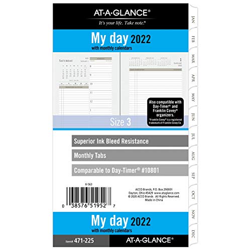 2022 Daily & Monthly Planner Refill by AT-A-GLANCE, 10801 Day-Timer, 3-3/4″ x 6-3/4″, Size 3, Two Page per Day (471-225)