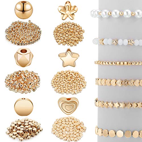 1200 Pieces Spacer Beads Set Star Beads Round Ball Beads Rondelle Faceted Spacer Beads Heart Beads Flower Beads Flat Disc Beads Loose Beads for Bracelet Earring Necklace Jewelry Making (Gold)