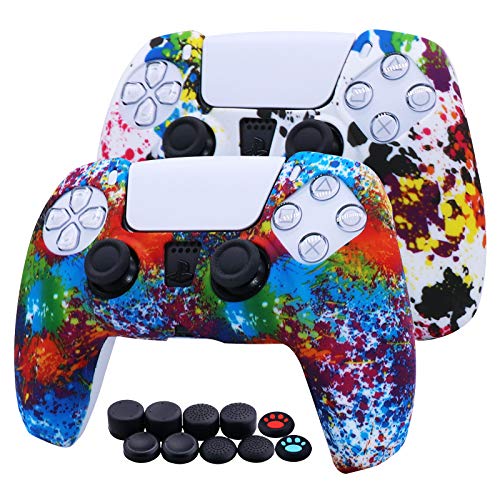 [2 Pack] Jusy PS5 Controller Soft Silicone Skin, Sweat-Proof Anti-Slip Case Cover Protective Accessories Set, Dust-Proof Skin for PS5 DualSense Controller, with 10 Thumb Grips (Graffiti)