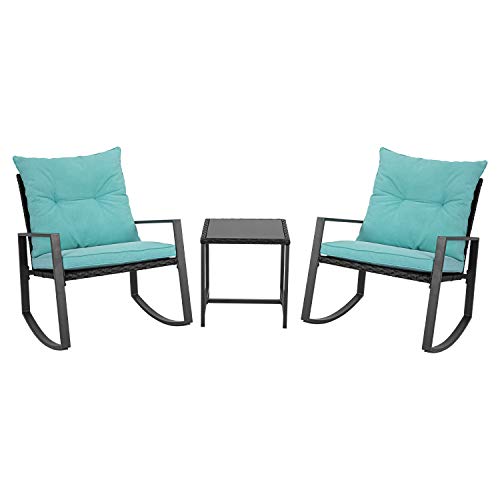 SUNBURY Outdoor 3-Piece Rocking Chair Set, Bistro Patio Wicker Chairs w Teal Cushion, Tempered Glass Table for Backyard Porch