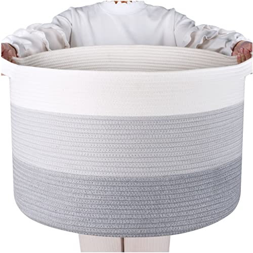 MINTWOOD Design Extra Large 22 x 14 Inches Decorative Cotton Rope Basket, Blanket Basket Living Room, Laundry Basket, Woven Basket, Toy Storage Baskets Bin, Round Basket for Pillows, Towels – Grey