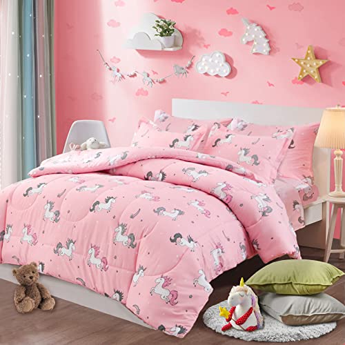 UOZZI BEDDING Bed in a Bag 7 Pieces King Size Unicorn Pink with Rainbow Star – Soft Microfiber, Reversible Bed Comforter Set (1 Comforter, 2 Pillow Shams, 1 Flat Sheet, 1 Fitted Sheet, 2 Pillowcases)