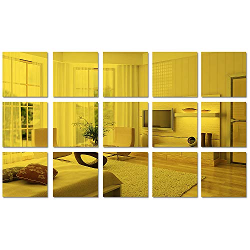 15 Pieces 6in Square Acrylic Mirror Sticker Sheet, Self Adhesive Golden Mirror Wall Decor, Removable Wall Stickers for Bathroom Living Room Bedroom Decal (Gold)