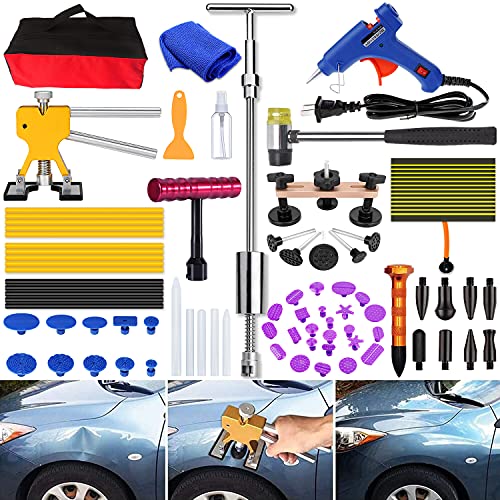 SUNCARLE DIY Paintless Dent Repair Kit -Paintless Dent Puller Tools Adjustable Length with 2 in 1 T-Bar Slide Hammer for Car Hail Damage Dent & Ding Removal