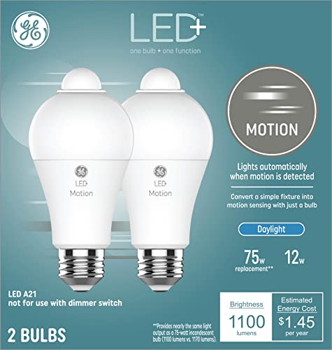 GE LED+ Motion Sensor LED Light Bulbs, Security Light, Daylight, A21 Light Bulbs (Pack of 2)