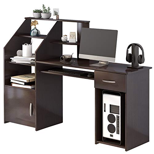 Merax Computer Desk Study Writing Table for Home Office with 44 inch Workstation, Storage Shelves and Pull-Out Keyboard Tray, Espresso