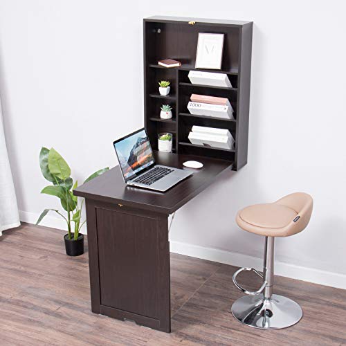 YUSING Wall Mounted Table, Fold Out Convertible Desk, Multi-Function Computer Desk, Home Office Wood Wall Floating Desk with Large Storage Area (Walnut)