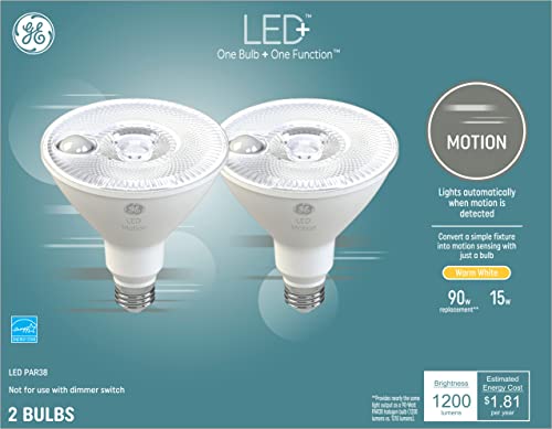 GE LED+ Motion Sensor LED Light Bulbs, Security Light, Warm White, PAR38 Outdoor Floodlight Bulbs (2 Pack)