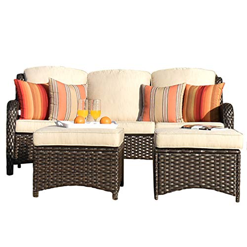 XIZZI Patio Sofa Outdoor Couch All Weather Wicker Patio Sofa with Ottomans,Brown Wicker Beige