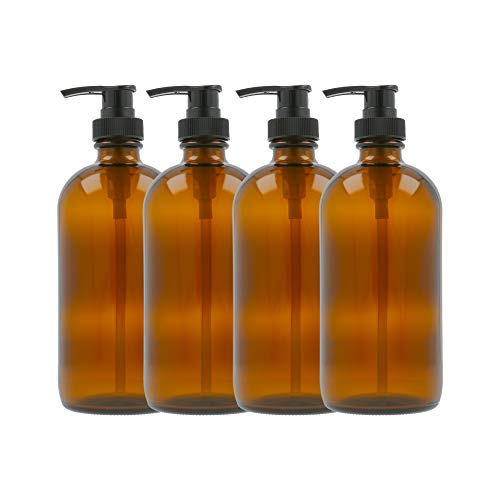 16oz Made in Germany Refillable Boston Round Amber Glass Bottles with Locking Pump Dispensers for Hand Soap, Shampoo, Conditioner, Lotions, Body Wash (Pack of 4)