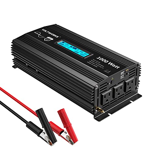 Pure Sine Wave 1000 Watt Power Inverter DC 12v to AC 110V-120V 1000W with LCD Display and 2.4A Dual USB Ports 3 AC Outlets for Home RV Truck[3 Years Warranty] by VOLTWORKS