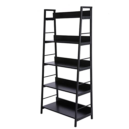 BATHWA 5 Shelf Ladder Bookcase with Broad Base, Modern Black Book Shelf for Living Room Bedroom, Stable Anti-Falling Ladder Bookshelf, Standing Shelves for Storage